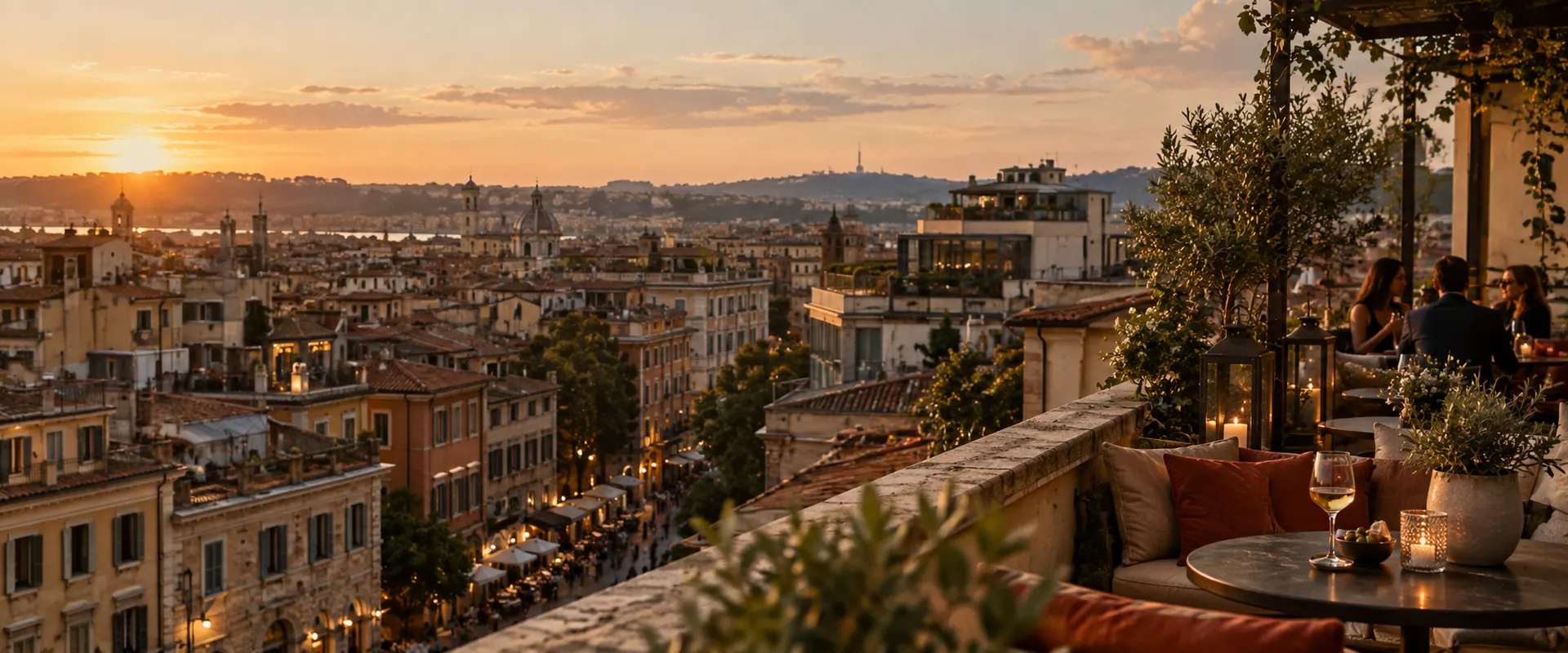 A city rooftop at sunset
